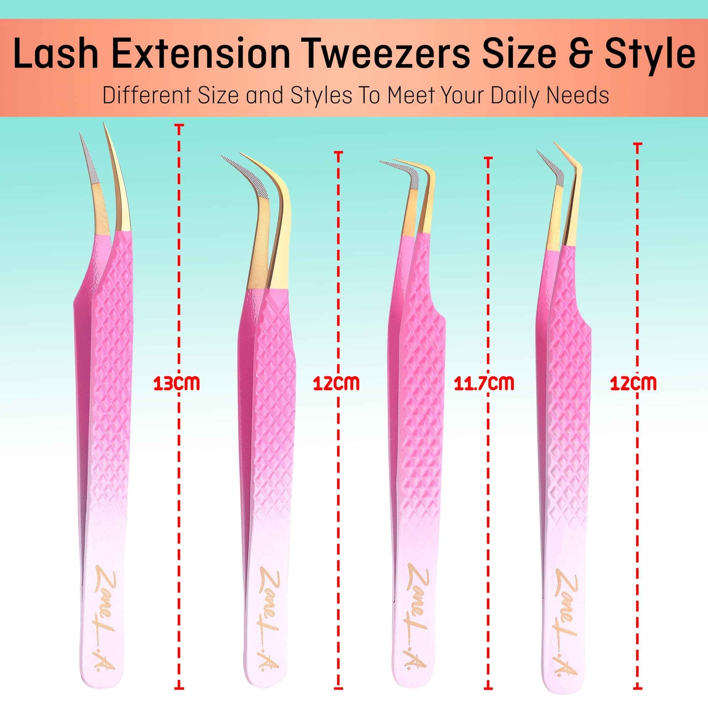 Zane L.A. Nano Fiber Tip Professional Eyelash Extension Tweezers, a pack of 4, Quality tweezers made with Japanese Stainless Steel, FREE Eyelash Separator. (Pink and White)