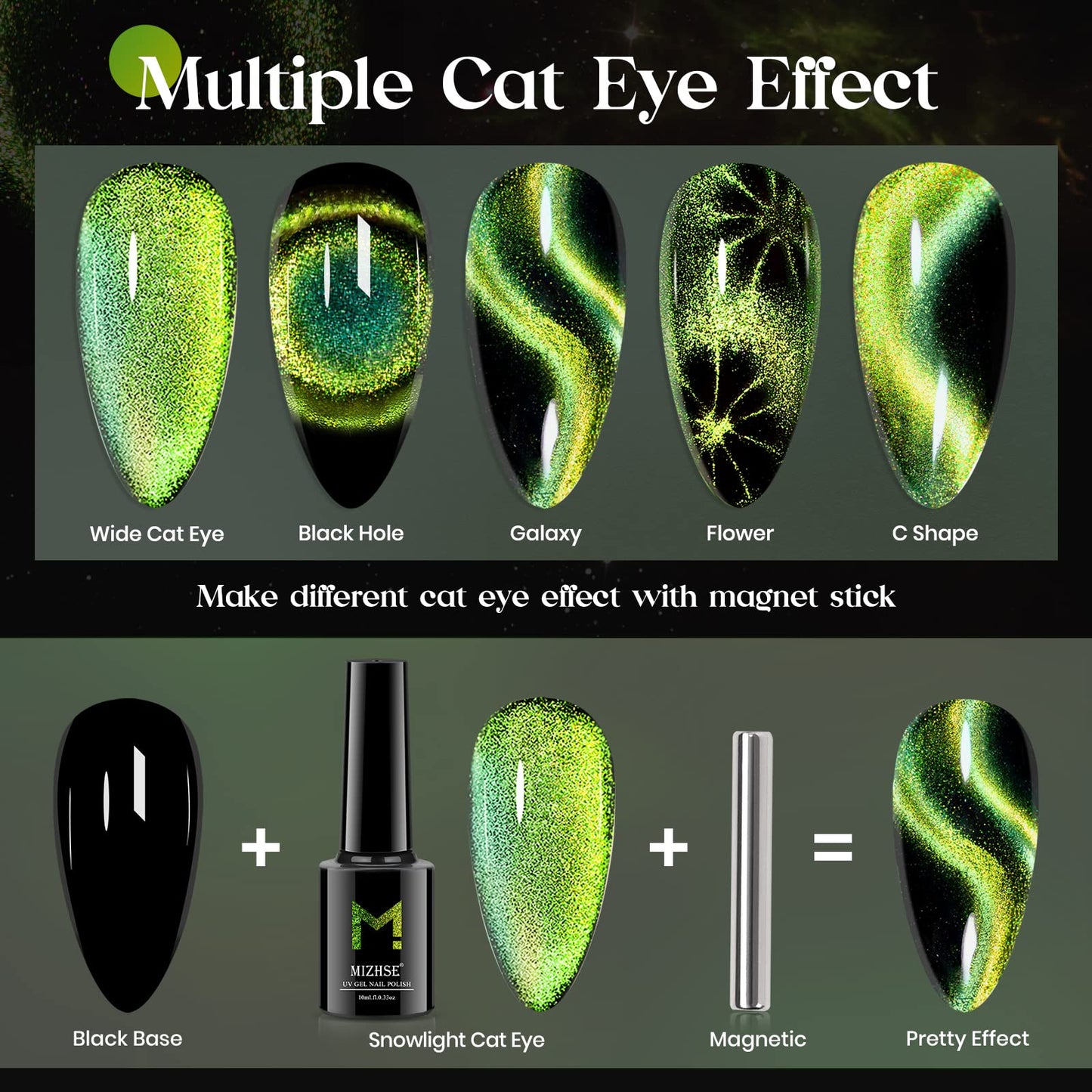 MIZHSE 9D Cat Eye Gel Nail Polish 10ml, Christmas Holographic Galaxy Cateye Magnetic Nail Polish Gel, Magic Chameleon Manicure Set(Green)