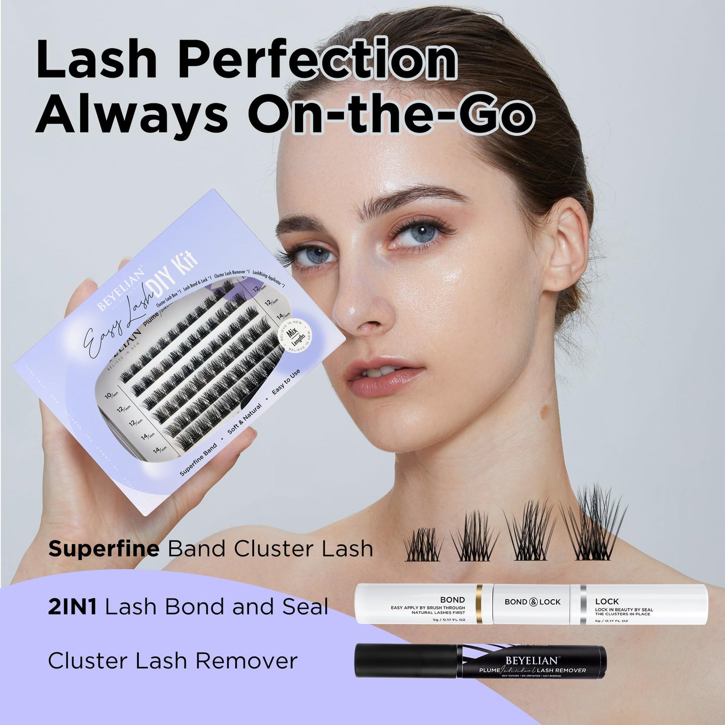 BEYELIAN Lash Extension Kit Cluster Lashes Kit with 72 Pcs C Curl Lash Clusters, Cluster Lashes Bond and Seal Super Hold, Clusters Lash Glue Remover Easy to Apply