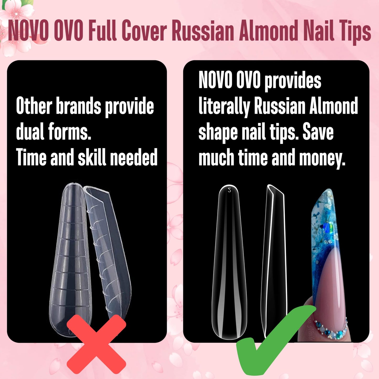 NOVO OVO Nail Tips Russian Almond Coffin Ballerina, Soft Gel x Acrylic Full Cover Nail Kit for Russia 3D Sculptured Edge Fake Nails Manicure, Extra Long XL XXL French tip Press on 10 sizes 360pcs