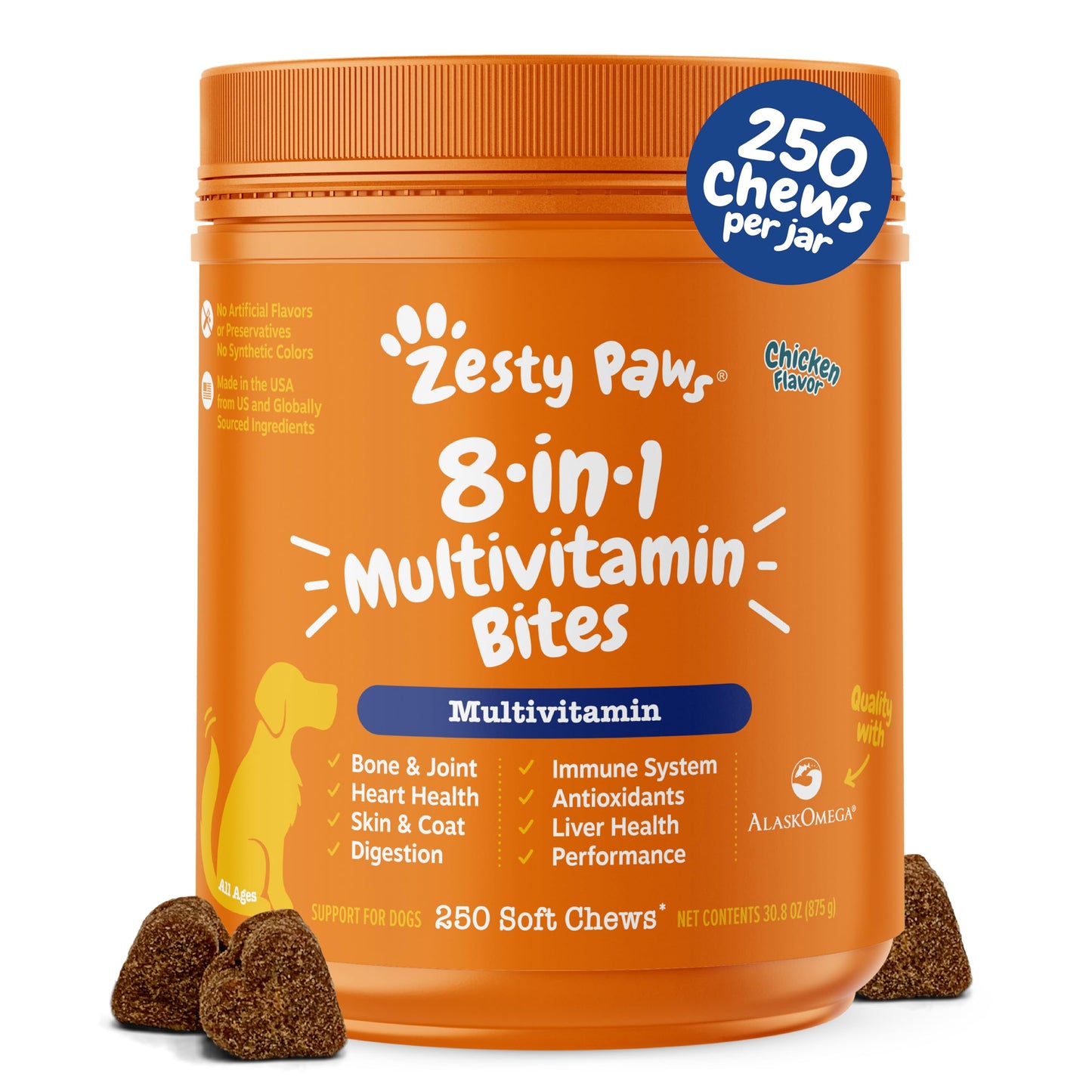 Zesty Paws Multivitamin Treats for Dogs - Glucosamine Chondroitin for Joint Support + Digestive Enzymes & Probiotics - Grain Free Dog Vitamin for Skin & Coat + Immune Health - 250 Count