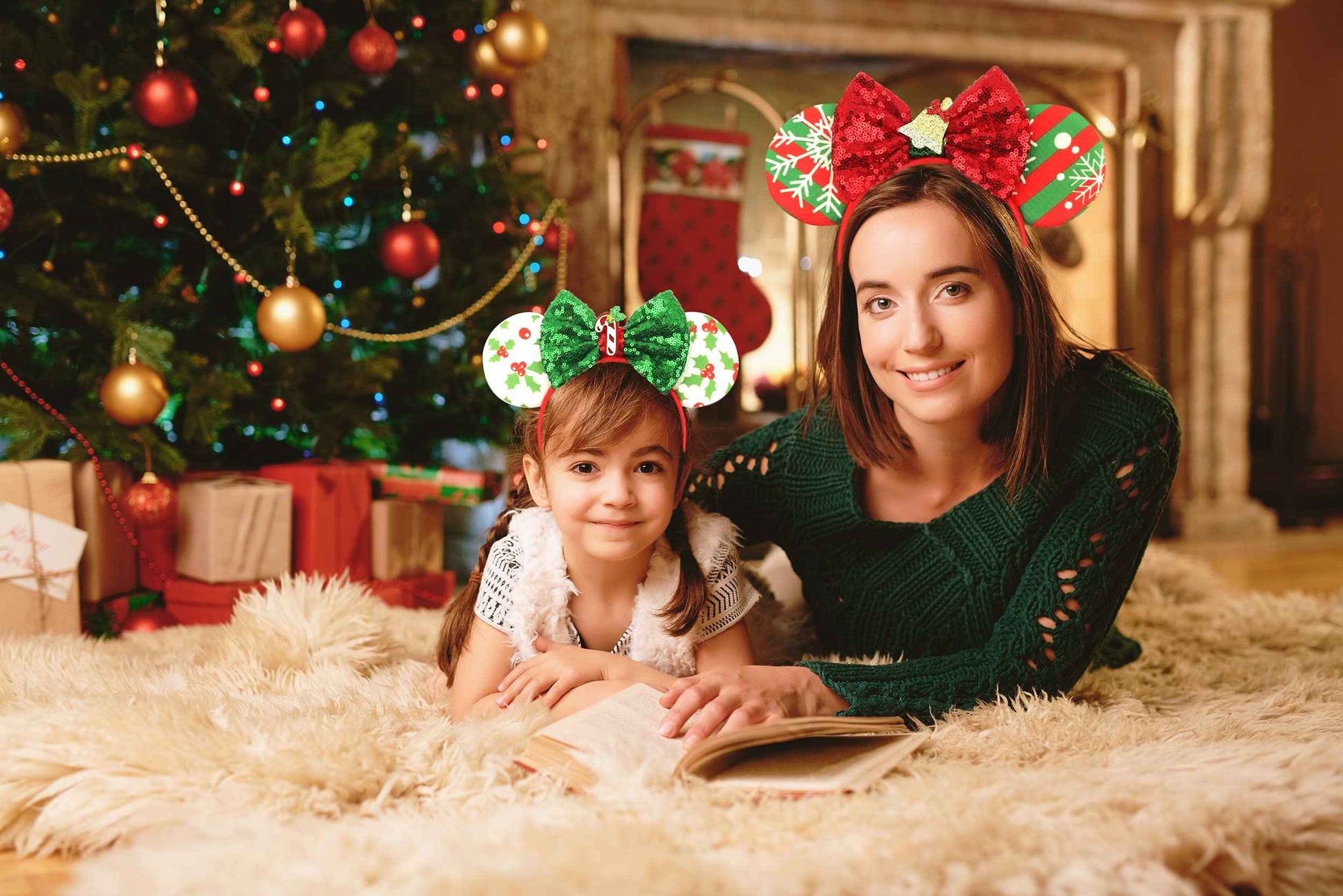 Mannxitzdy 6 Pcs Christmas Mouse Ears Bow Headbands Christmas Tree Hair Hoop Sparkle Mouse Ears Headband for Women Girls Birthday Party