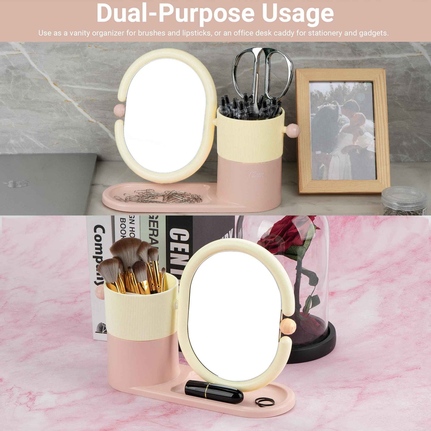 Umbrotiger Desk Organizer with Magnifying HD Rotating Glass Mirror 360° Adjustable Dual-Purpose Makeup Brush Holder Pen Caddy, Pink & White ABS Storage for Office & Vanity Accessories+Free Lens Cloth