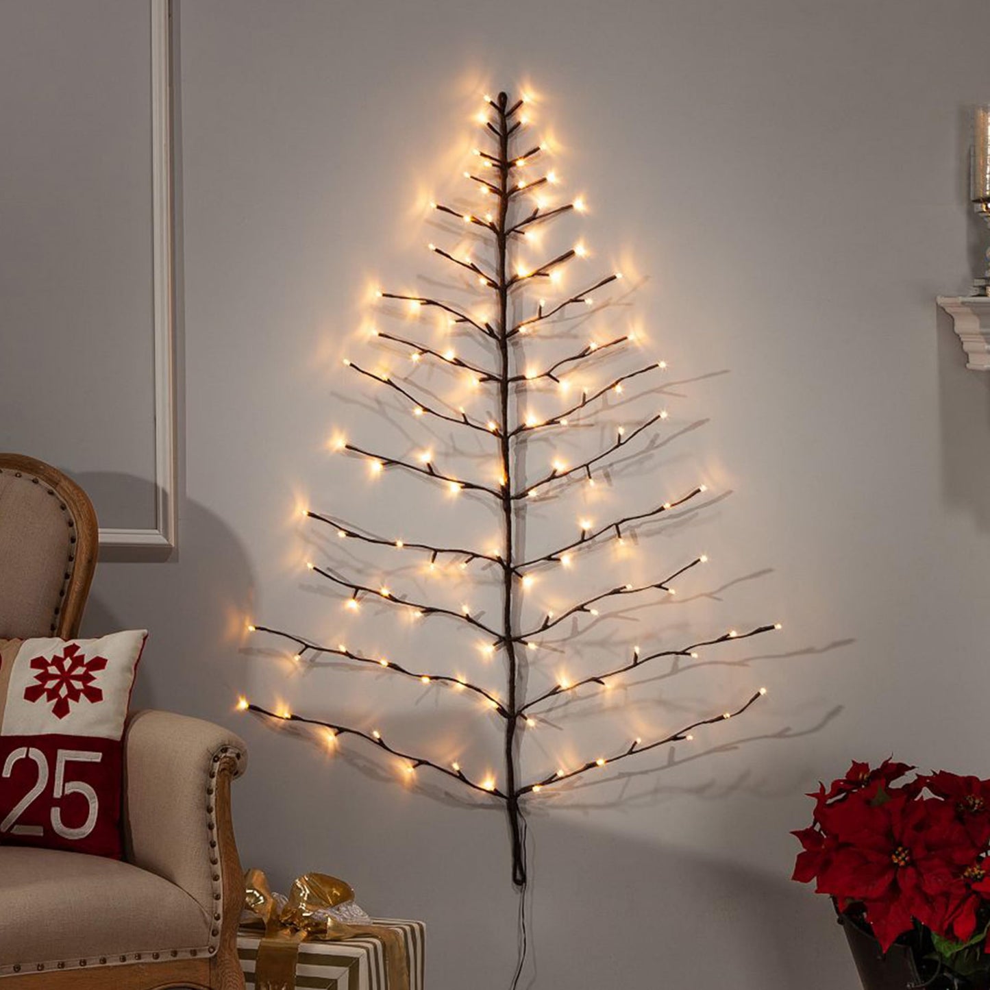 Hairui Lighted Brown Wall Tree 4FT 108 Warm White LED Lights for Home Fireplace Christmas Decoration Inside Outside