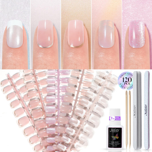 Chrome French Tip Press on Nails Short 5 Styles, Jofay Fashion 120Pcs Salon-Like Acrylic Fake Nails with Mermaid Pearl Chrome Gold Foil End Designs, Glossy & Natural Glue on Nails Set F