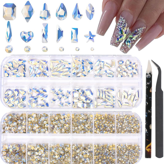 HNUIX Nail Rhinestones - 2920pcs 3D Multi Shape Size, Crystal Blue Moonlight Nail Gems, Flat Back, with Kit, for Nail Art, DIY Decorations