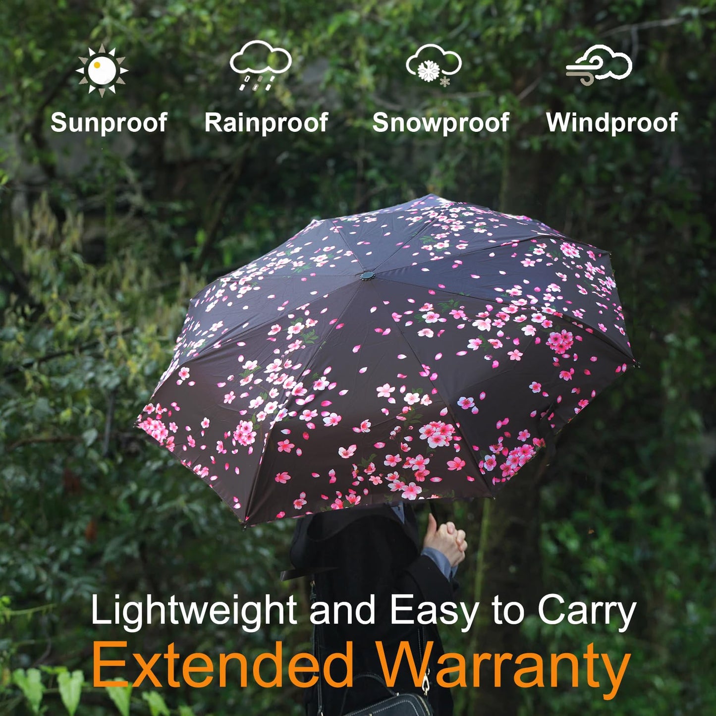 SIEPASA Sakura Windproof Travel Compact Umbrella - Automatic Umbrellas for Rain, Fiberglass Frame, Plastic Handle, Half Round Shape, Portable, Small, Lightweight, Ideal for Men and Women