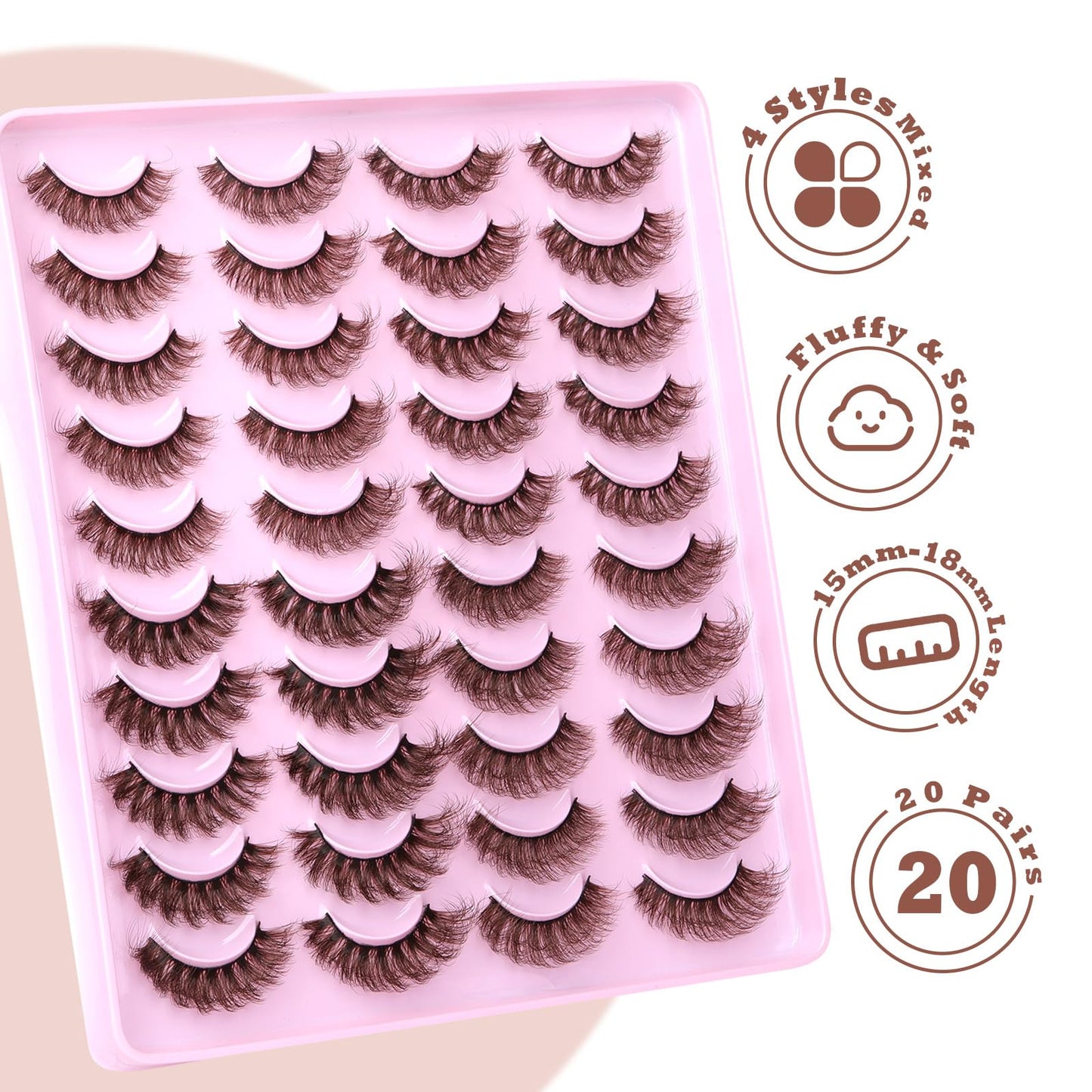 Yawamica False Eyelashes Fluffy Natural Brown Lashes 4 Styles Mixed Fake Eye Lashes 15-18MM Wispy False Lashes 20 Pairs Pack