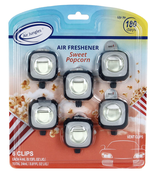 Air Jungles Sweet Popcorn Scent Car Air Freshener Clip, 6 Car Freshener Vent Clips, 4ml Each, Long Lasting Air Freshener for Car, Up to 180 Days Car Refresher