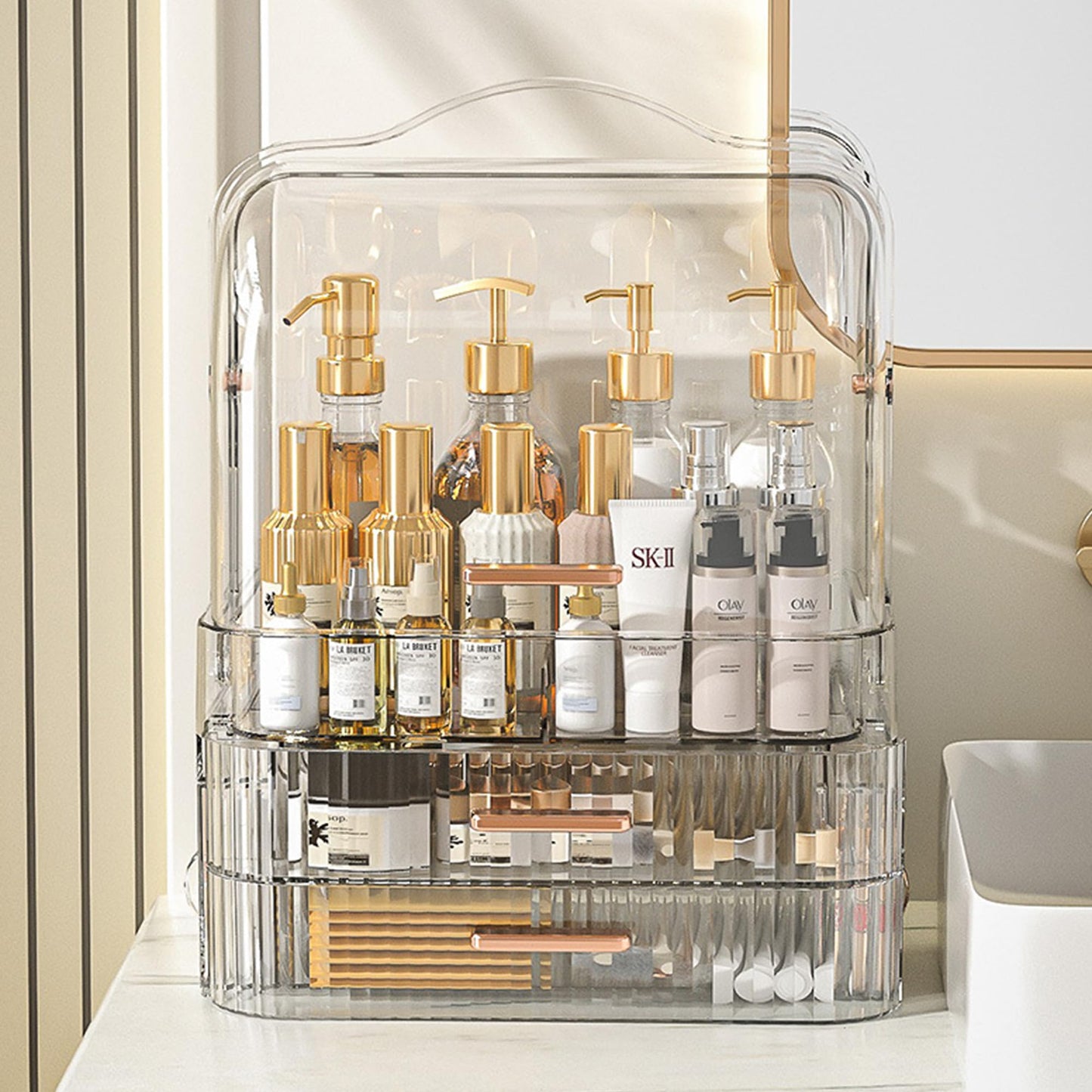 Makeup Storage Organizer Skincare Organizer Jewelry Storage Cosmetics Storage and Display Case Makeup Holders for Countertop Bathroom Organizer with Lid ＆ Drawers Clear