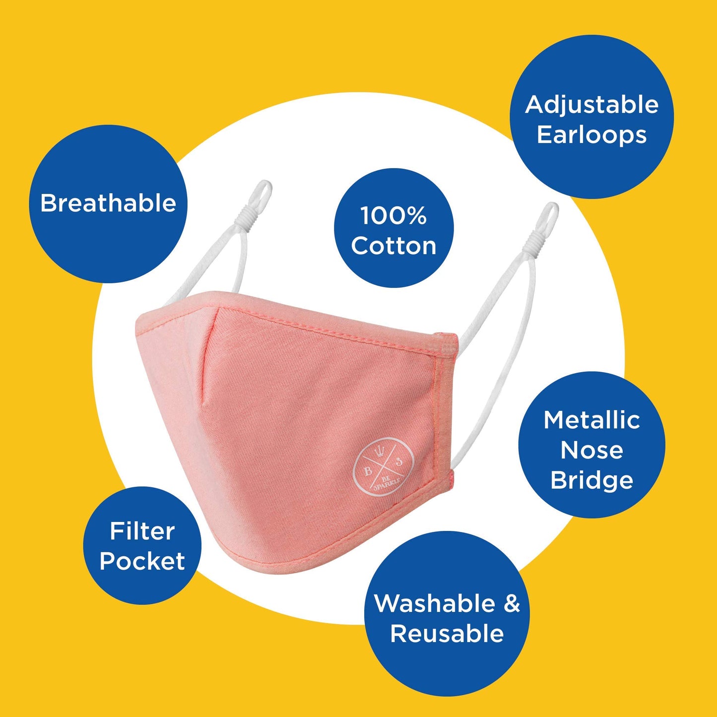 Be Sparkle Cotton Face Masks for Women and Men, Reusable Cloth Face Mask with Adjustable Ear Loops for Kids and Adults