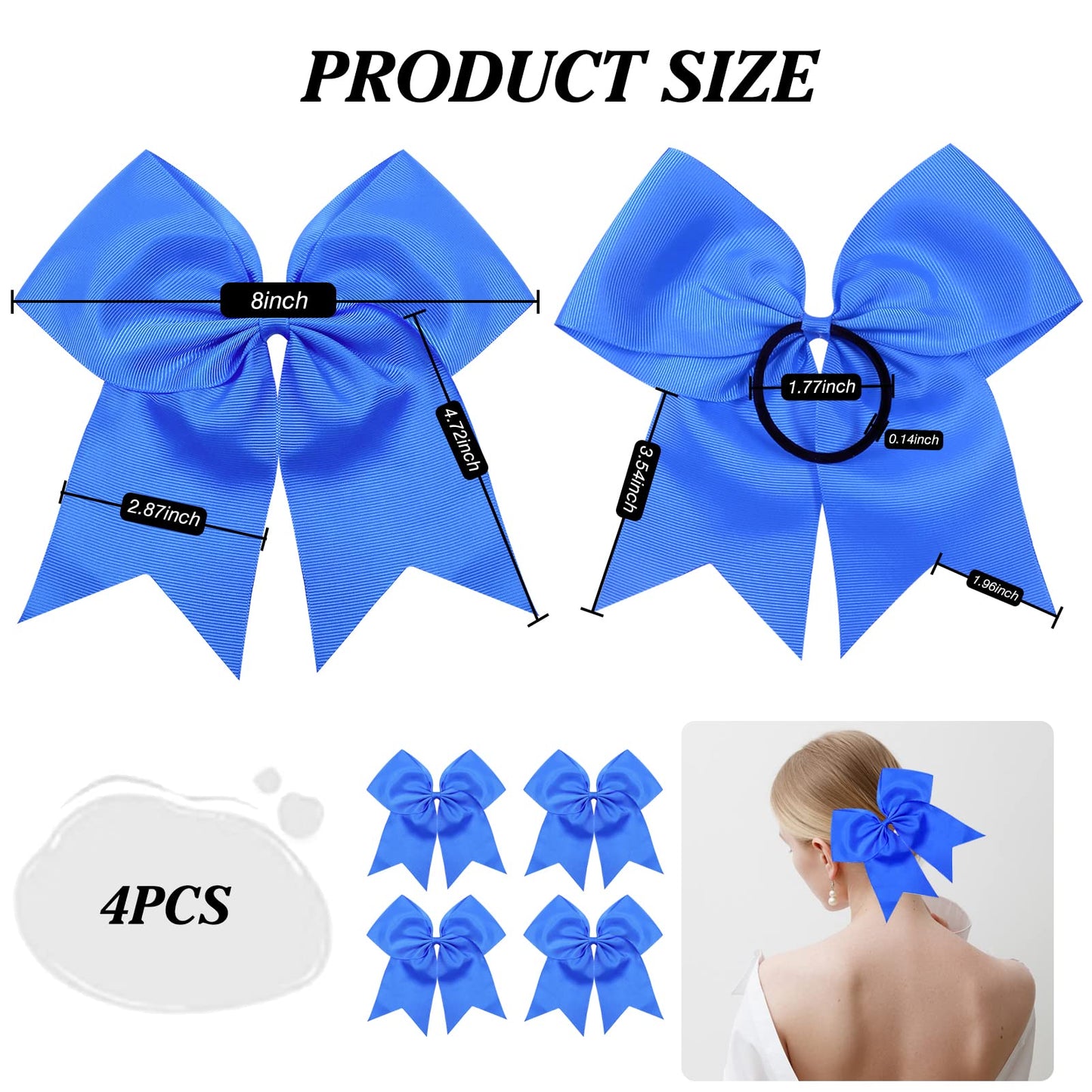 TUUXI 4pcs 8" Large Cheer Bows Blue Elastics Hair Ties Bands Grosgrain Ribbon Ponytail Holder for Cheerleading Team Baseball Softball Tennis Cheerleader Bows