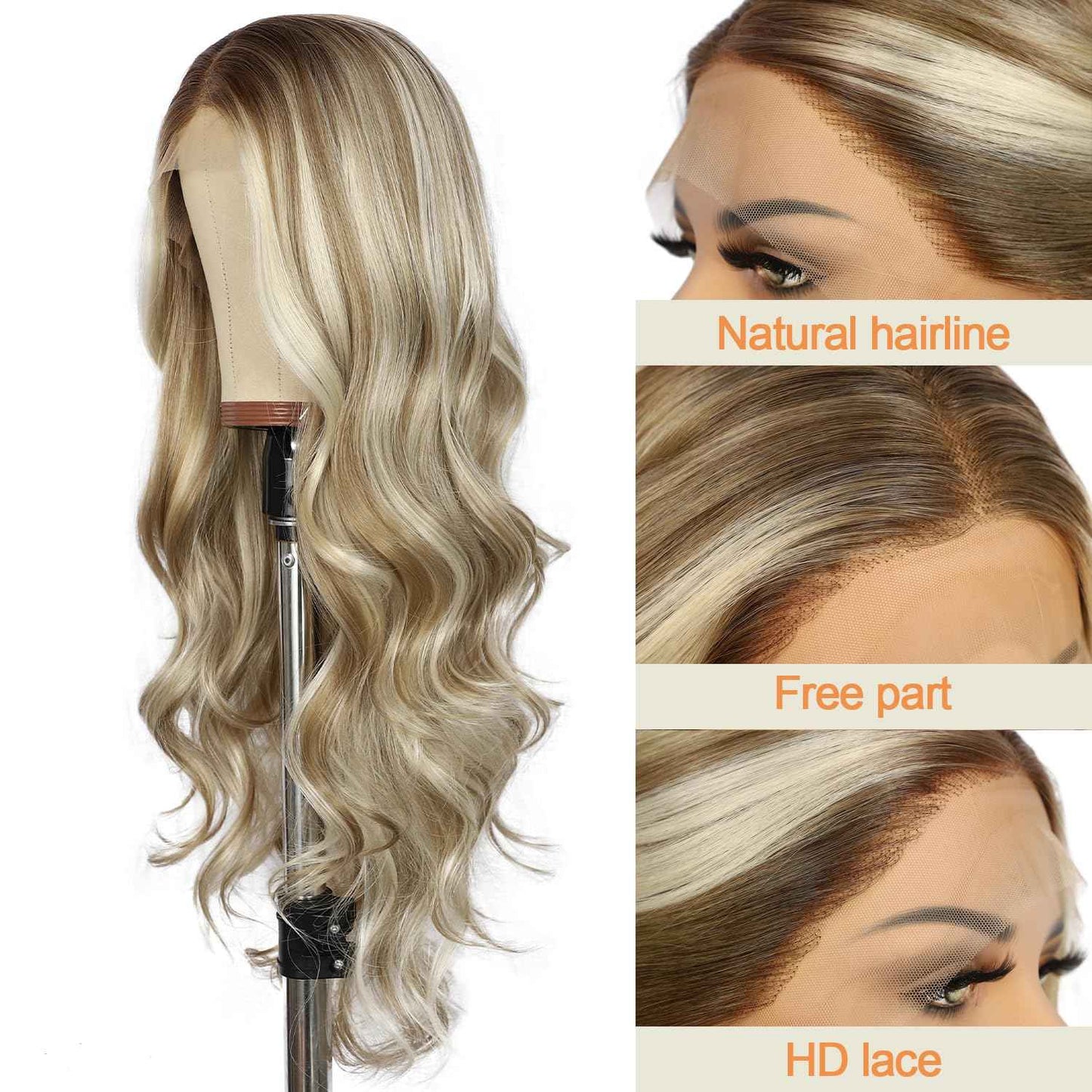 SAPPHIREWIGS Blonde Synthetic Lace Front Wig Ash Blonde Highlight 13×4 Loose Body Wave Wig Glueless Lace front Wigs for Women Pre Plucked Hairline Heat Resistant Wig for Daily Party Wigs 26inch