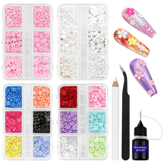 3D Flower Nail Charms,3D Acrylic Flower Nail Art Rhinestones with Gold Silver Pearl Beads Tweezers Included Spring Blossom Petal for DIY Nail Decorations (Multicolor B)