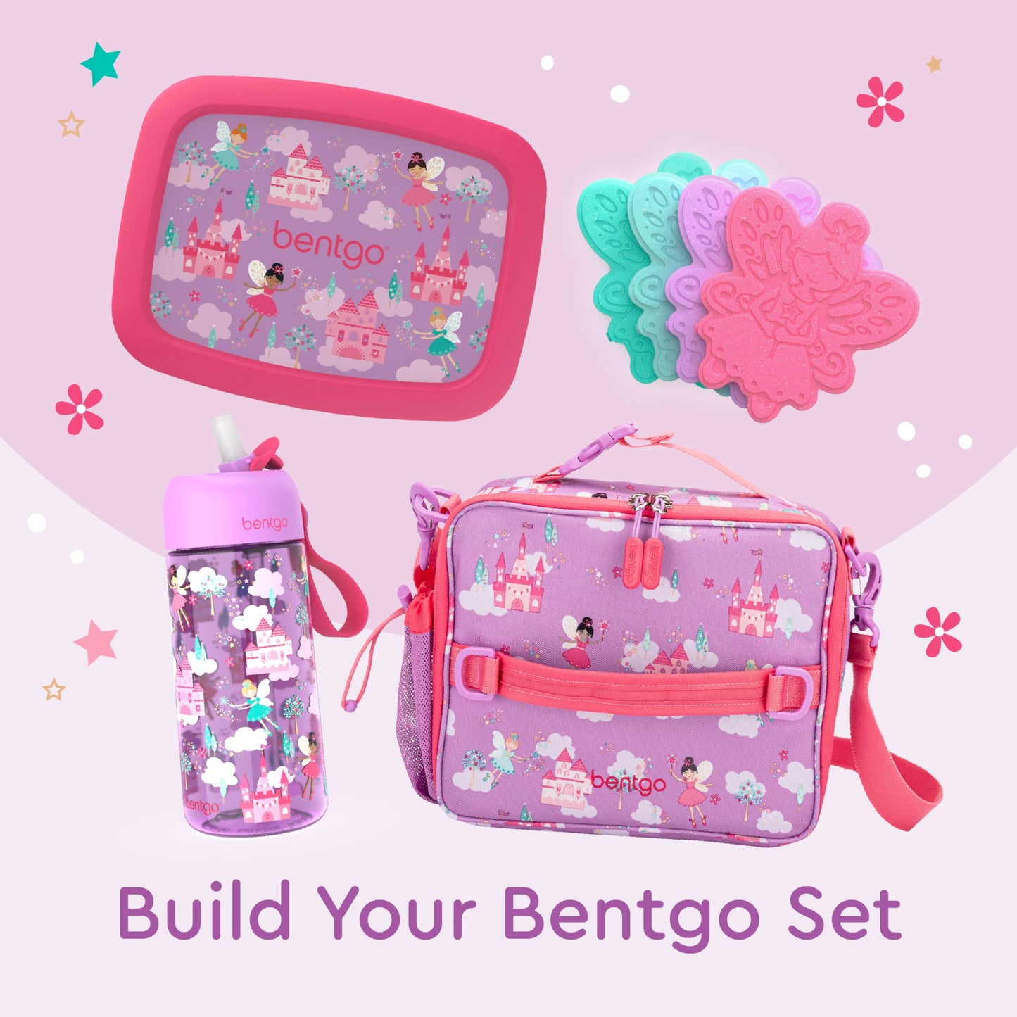 Bentgo Kids Lunch Bag - Durable, Double-Insulated Lunch Bag for Kids 3+; Holds Lunch Box, Water Bottle, & Snacks; Easy-Clean Water-Resistant Fabric & Multiple Zippered Pockets (Fairies)