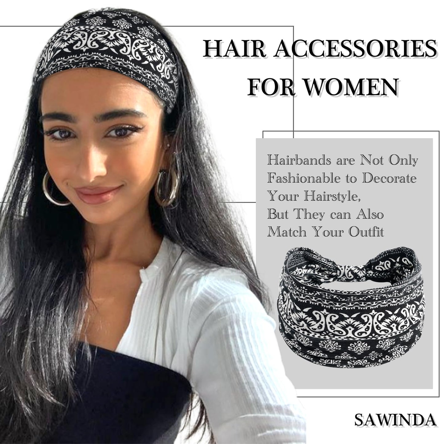 SAWINDA Wide Headbands for Women Boho Floral Print Twist Knot Womens Head Bands Elastic Non-Slip Hair Bands for Women's Hair African Style Daily Life Yoga Sports Cloth Hair Wraps 3 Pack