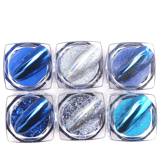 EnMart Chrome Nail Powder Set, 6 Colors Shimmer Nail Art Kit Blue Metallic Effect Mirror Pigment Glitter Dust Kit for Nail DIY Face Body Hair Makeup Crafts Decoration