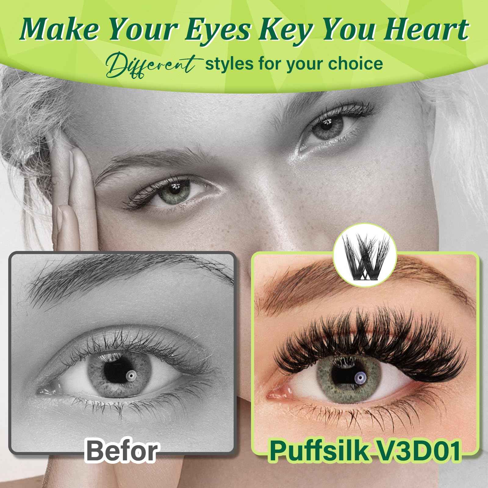 KEYYOU Lash Extension Kit 3D Effect Volume Lash Clusters Kit 144pcs D Curl Waterproof Kit DIY Eyelash Extension Kit with Bond and Seal Lashes Glue Remover Applicators (Kit-PuffSilk V3D01-8-18MIX)