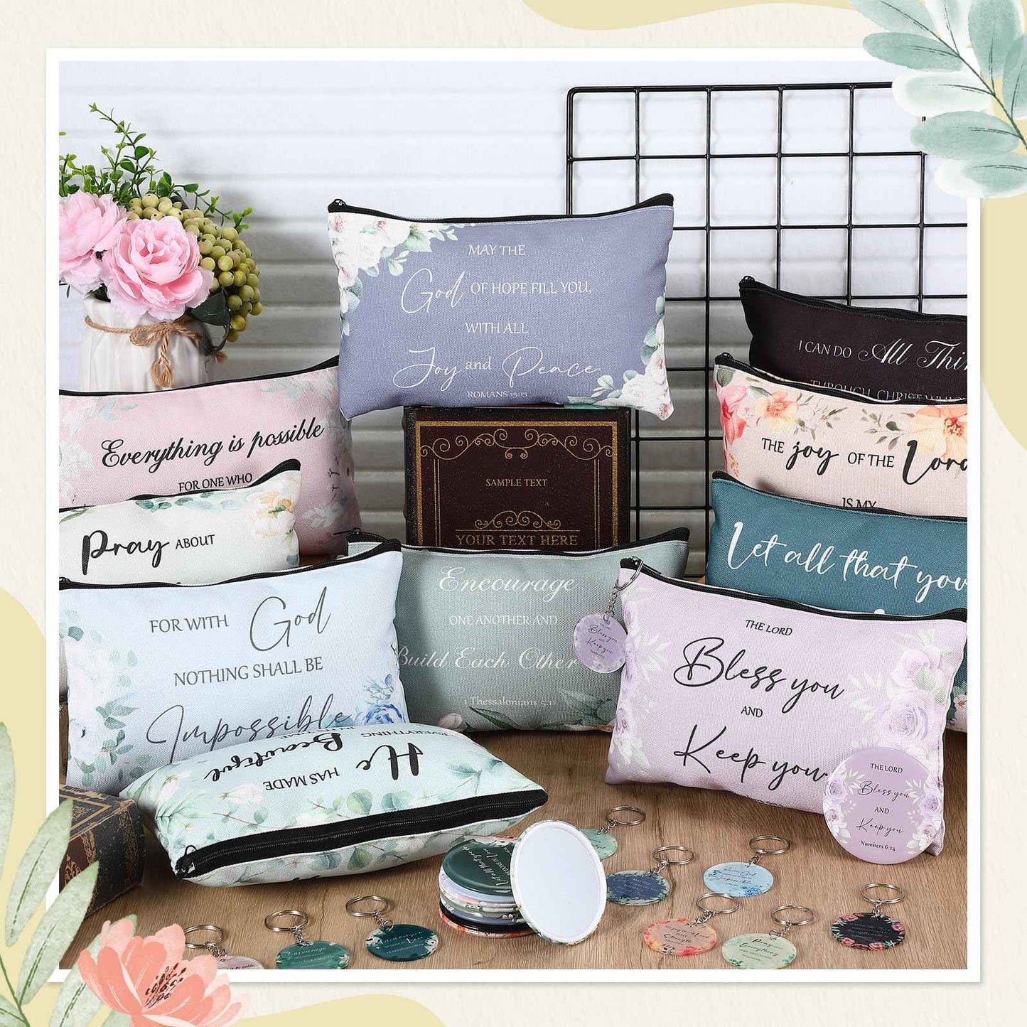 Dansydaisy 60 Pcs Christian Gifts for Women Religious Gifts Include 20 Canvas Makeup Bags 20 Bible Verse Mini Mirror 20 Inspirational Bible Keychains Church Favors for Women Mother Sister(Classic)