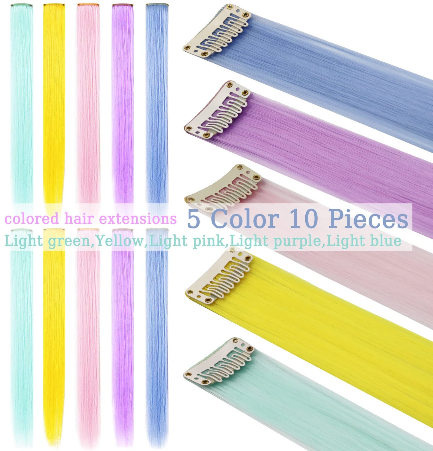 Colored Hair Extensions, 12 PCS Lavender Hairpieces for Women Highlighted Colorful Straight Clip in Hair Extensions Party Costumes Hair Pieces for Girls Dolls, 21 inch