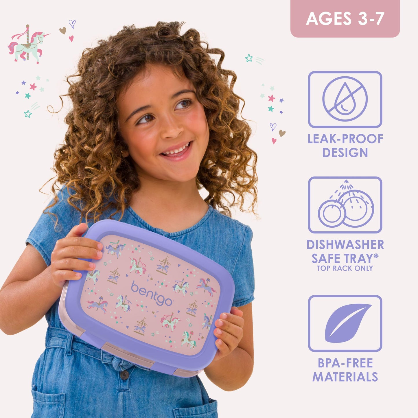 Bentgo Kids Prints Leak-Proof, 5-Compartment Bento-Style Kids Lunch Box - Ideal Portion Sizes for Ages 3-7, Durable, Drop-Proof, Dishwasher Safe, & Made with BPA-Free Materials (Carousel Unicorns)