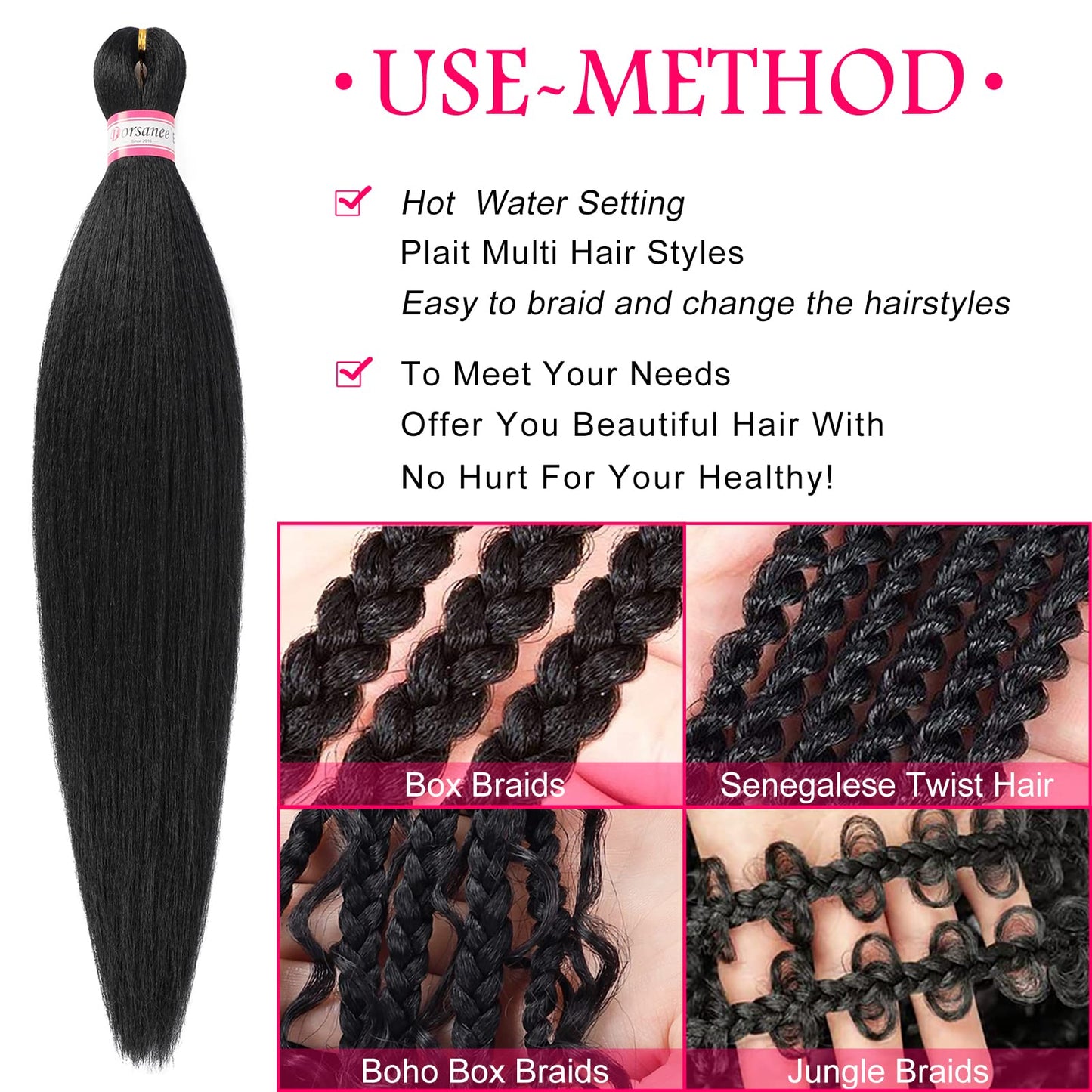 Pre-stretched Braiding Hair Professional Easy Crochet Braid Hair 20 Inch 8 Packs Hot Water Setting Soft Synthetic Braiding Hair Extension for Twist Senegalese Crochet Hair (#1B)