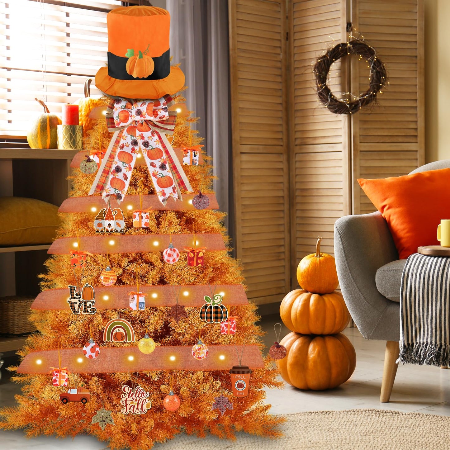 44 Pcs Fall Thanksgiving Day Decorations Fall Thanksgiving Day Tree Ornaments Tree Topper Fall Wooden Hanging Ornaments with Bow and Ribbon for Fall Thanksgiving Day Holiday Party Tree Hanging Decor