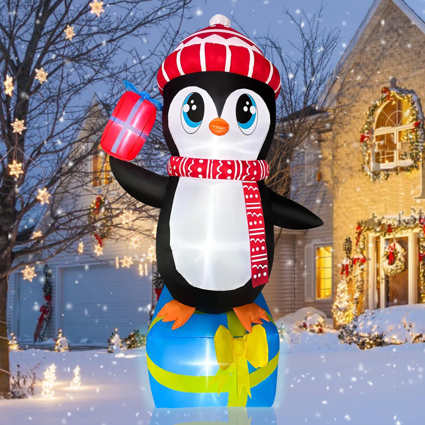 JOYEASE 5.5 FT Christmas Inflatables Penguin Standing in Gift Box Decorations LED Lighted Xmas Christmas Blow ups for Party Indoor Outdoor Garden Yard Decor