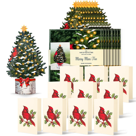 Freshcut Paper Pop Up Cards, Merry Mini Tree, 7 Inch Christmas Tree 3D Popup Greeting Cards, Christmas Cards, Holiday Gift Cards with Note Card & Envelope, Pack of 10