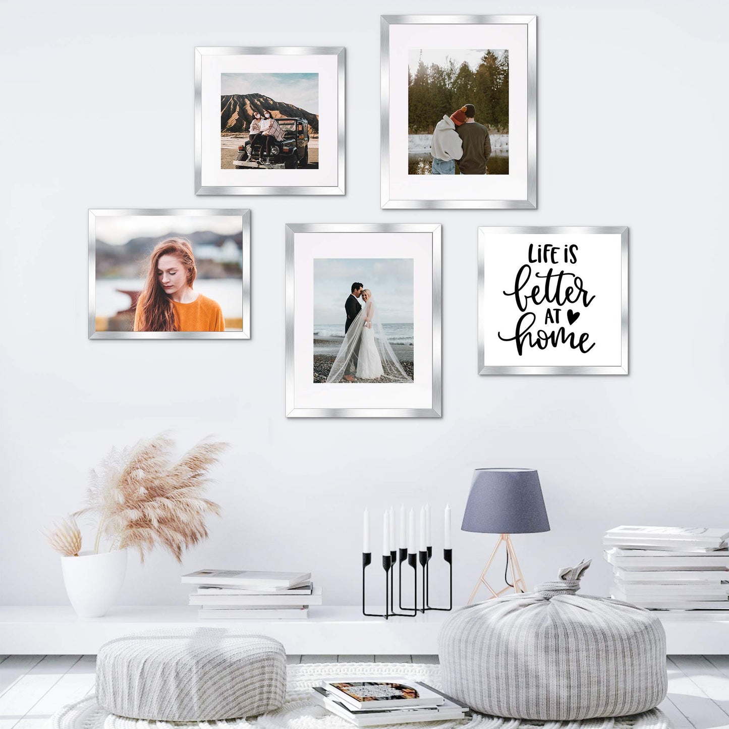 upsimples 8x10 Picture Frame Set of 5, Display Pictures 5x7 with Mat or 8x10 Without Mat, Wall Gallery Photo Frames, Silver