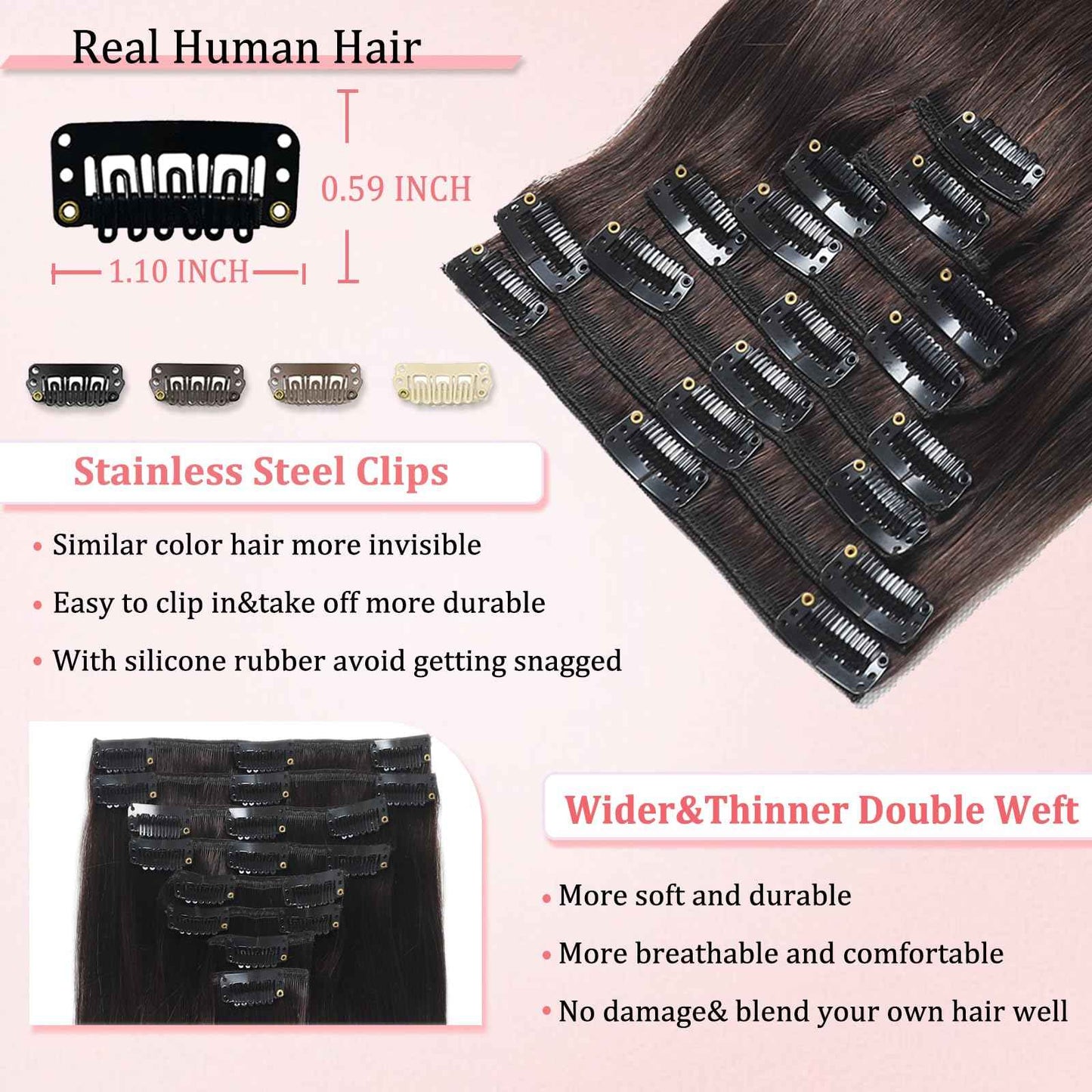 Clip in Hair Extensions Real Human Hair Clip in Extensions for Women Seamless Invisible Dark Brown Natural Remy 100% Human Clips ins Extension 8pcs Double Weft 16 inch 3.2oz/90g