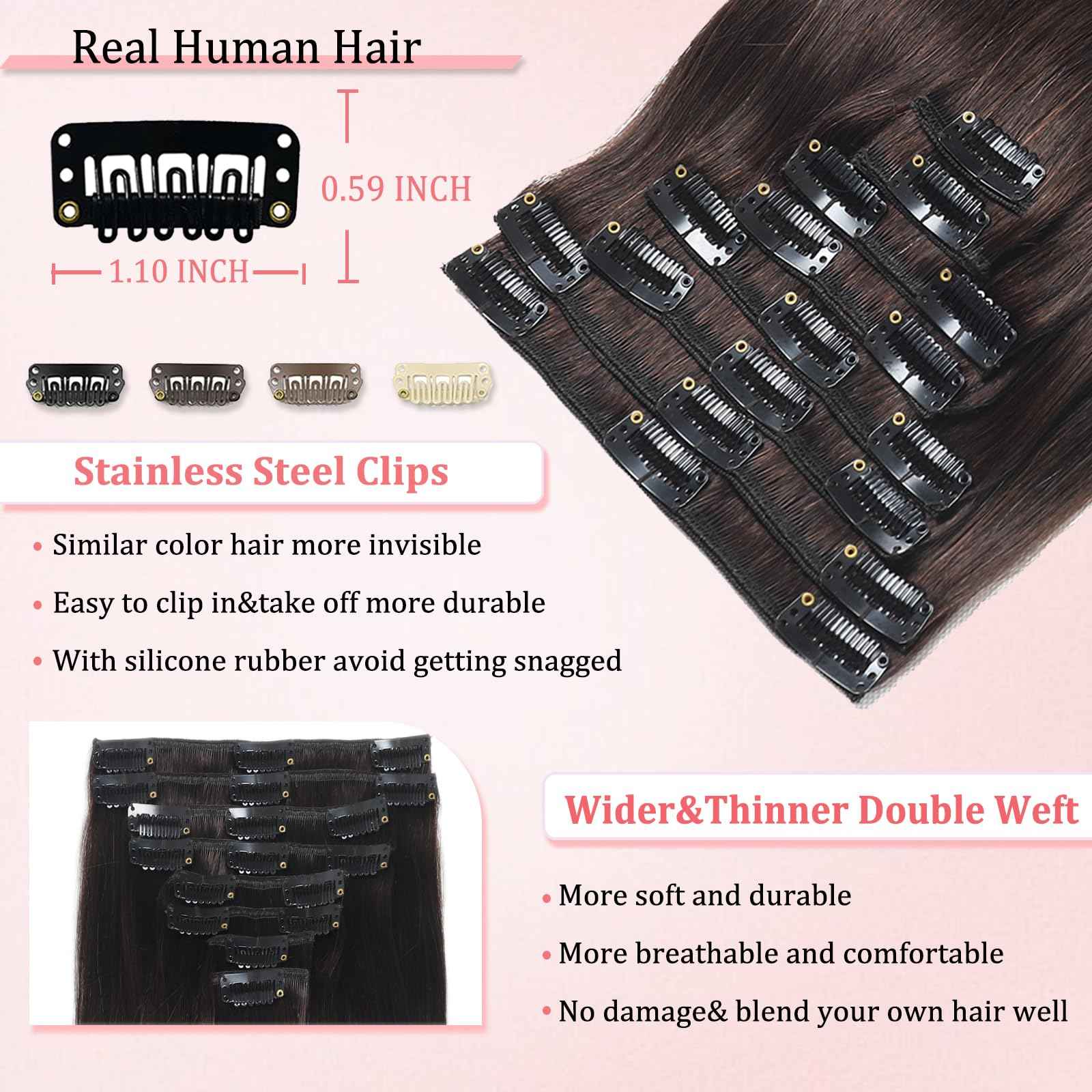 Clip in Hair Extensions Real Human Hair Clip in Extensions for Women Seamless Invisible Dark Brown Natural Remy 100% Human Clips ins Extension 8pcs Double Weft 16 inch 3.2oz/90g
