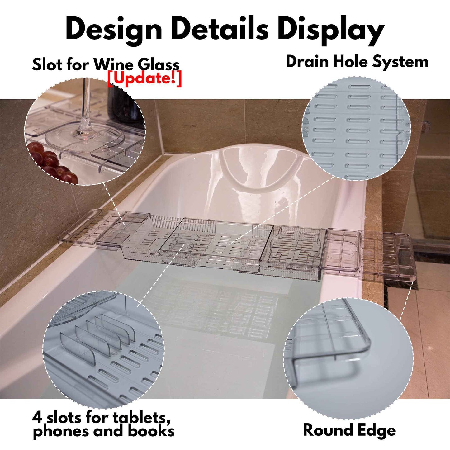 TAIKONLAB (Extended Edition) Expandable Bathtub Tray for Tub, Clear & Easy Maintenance Acrylic Bath Organizer for Relaxing Spa, Bath Tub Caddy Tray Fits Most Bathtubs and Bathroom Décor Style