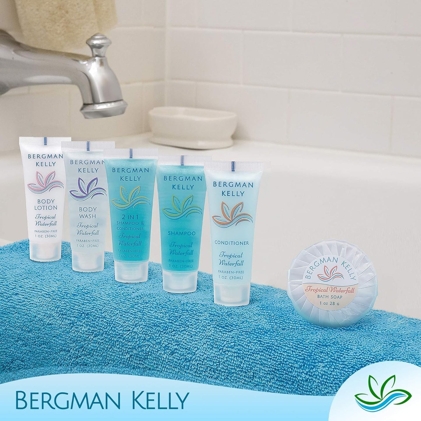 BERGMAN KELLY - Hotel Soap Bars in Bulk - Tropical Waterfall, 1 oz, 100 PK - Small Individually Wrapped Round Soap - Travel Size Mini Toiletries for Airbnb, Motel, Guest Bathroom