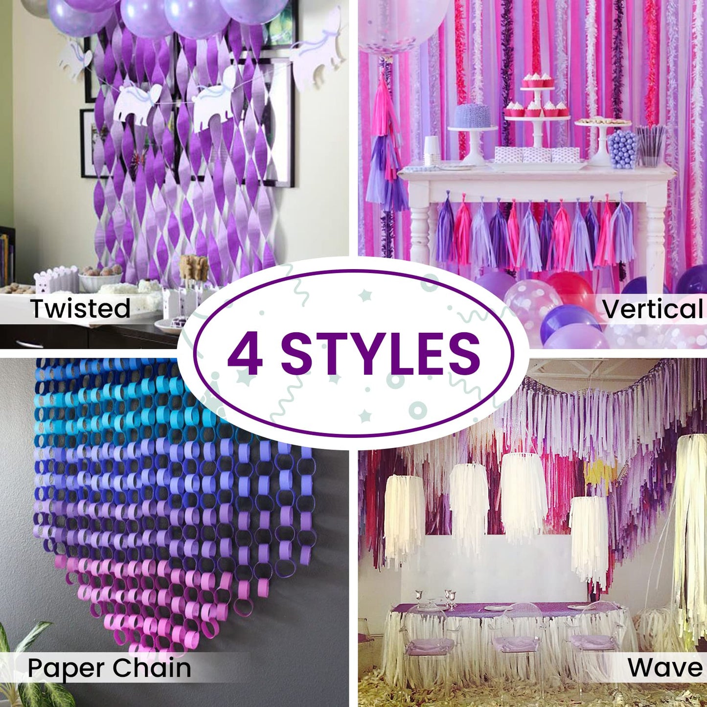 PartyWoo Crepe Paper Streamers 6 Rolls 492ft, Pack of Purple, Dark Purple, Silver and White Party Streamers for Birthday Decorations, Party Decorations, Wedding Decorations (1.8 Inch x 82 Ft/Roll)