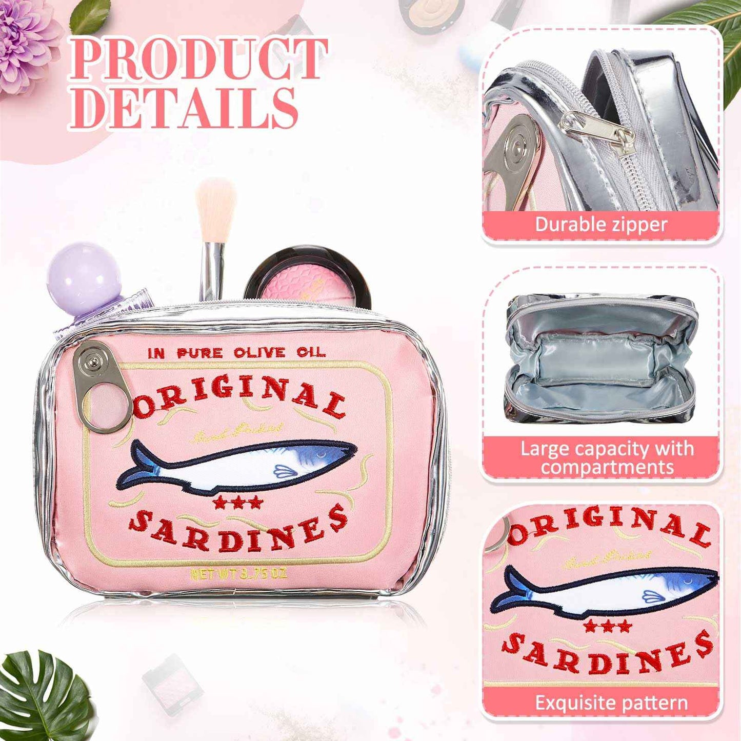 Reginary 2 Pcs Pink Canned Sardines Makeup Bag and Mini Hair Brush with Mirror Cute Cosmetic Bag Folding Hair Brush Kawaii Pencil Case Pouch Portable Travel Toiletry Bag Funny Waterproof for Women