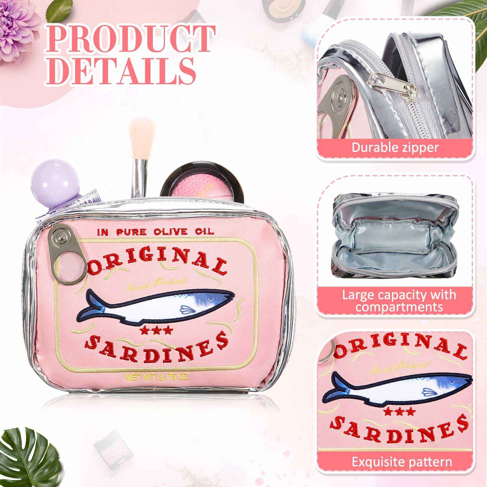 Reginary 2 Pcs Pink Canned Sardines Makeup Bag and Mini Hair Brush with Mirror Cute Cosmetic Bag Folding Hair Brush Kawaii Pencil Case Pouch Portable Travel Toiletry Bag Funny Waterproof for Women