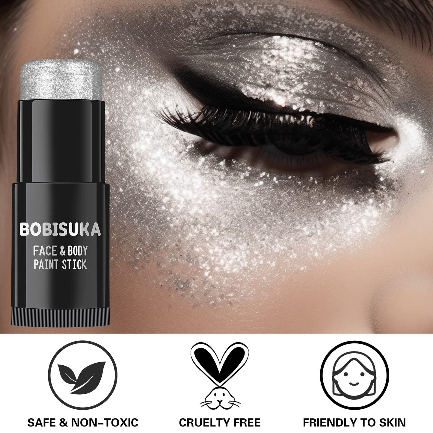 BOBISUKA Silver Face Paint Stick, Waterproof Metallic Silver Full Body Paint Sticks, Blendable Painting Kit for Halloween Makeup SFX Cosplay Special Effects Parties Cosplay Costume Stage