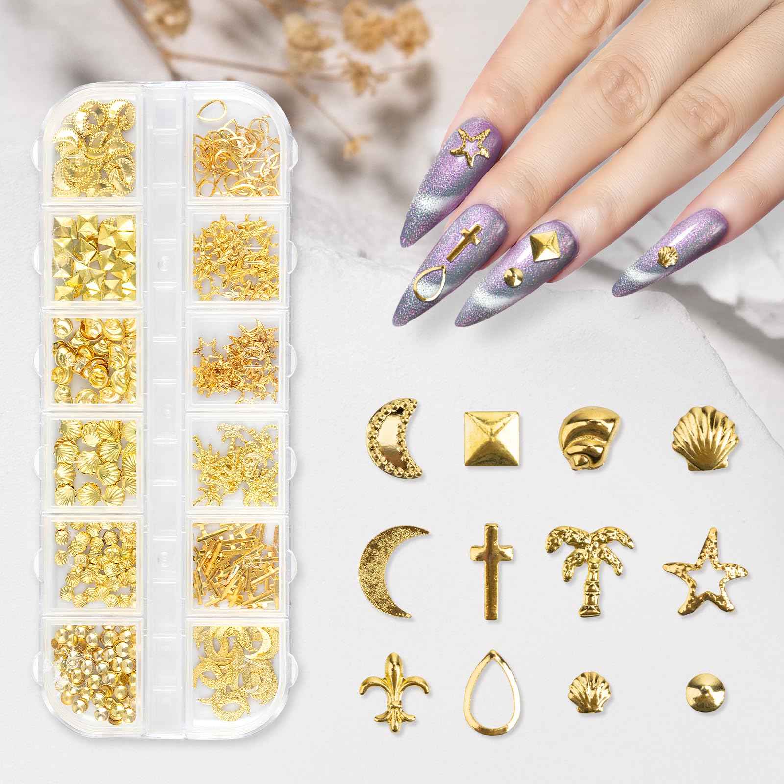 Madenia 600PCS 3D Nail Charms - Gold Silver Star Moon Shell Nail Gems DIY Crafts, Y2K Punk Metal Alloy Rivet Nail Studs for Nail Art Decorations Accessories