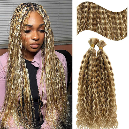 Highlight Human Braiding Hair for Boho Braids, 27/613 Curly Boho Human Hair for Braiding Highlights Blonde Deep Water Wave Bulk Human Hair Color 27 and 613 Bohemian Knotless Braids Two Bundles