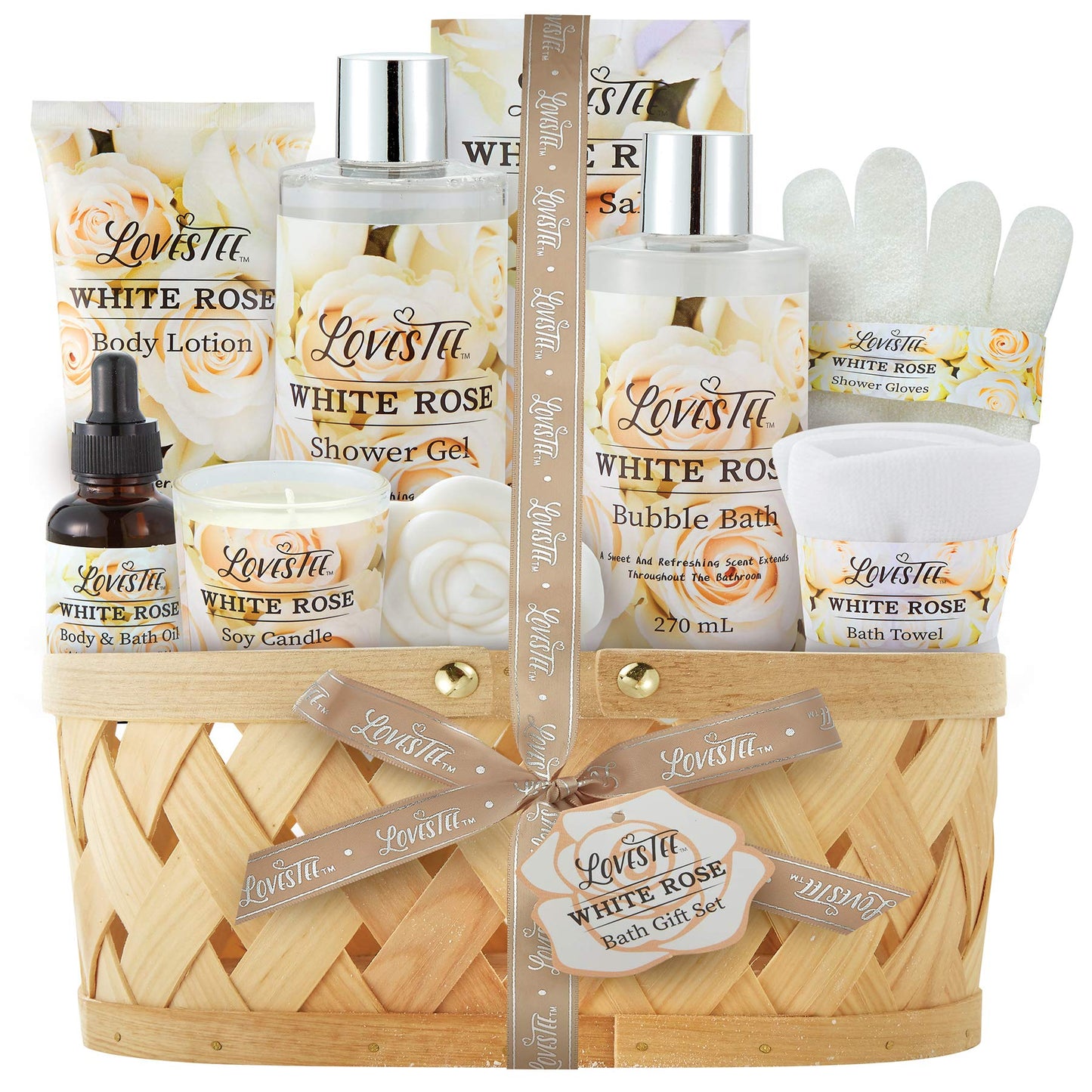 Mothers Day Bath & Body Spa Gift Basket for Women, Best Gift for Christmas & Birthday, White Rose Set Body Lotion, Shower Gel, Bubble Bath, Bath Salt, Towel, Soap, Oil, Candle, Gloves,