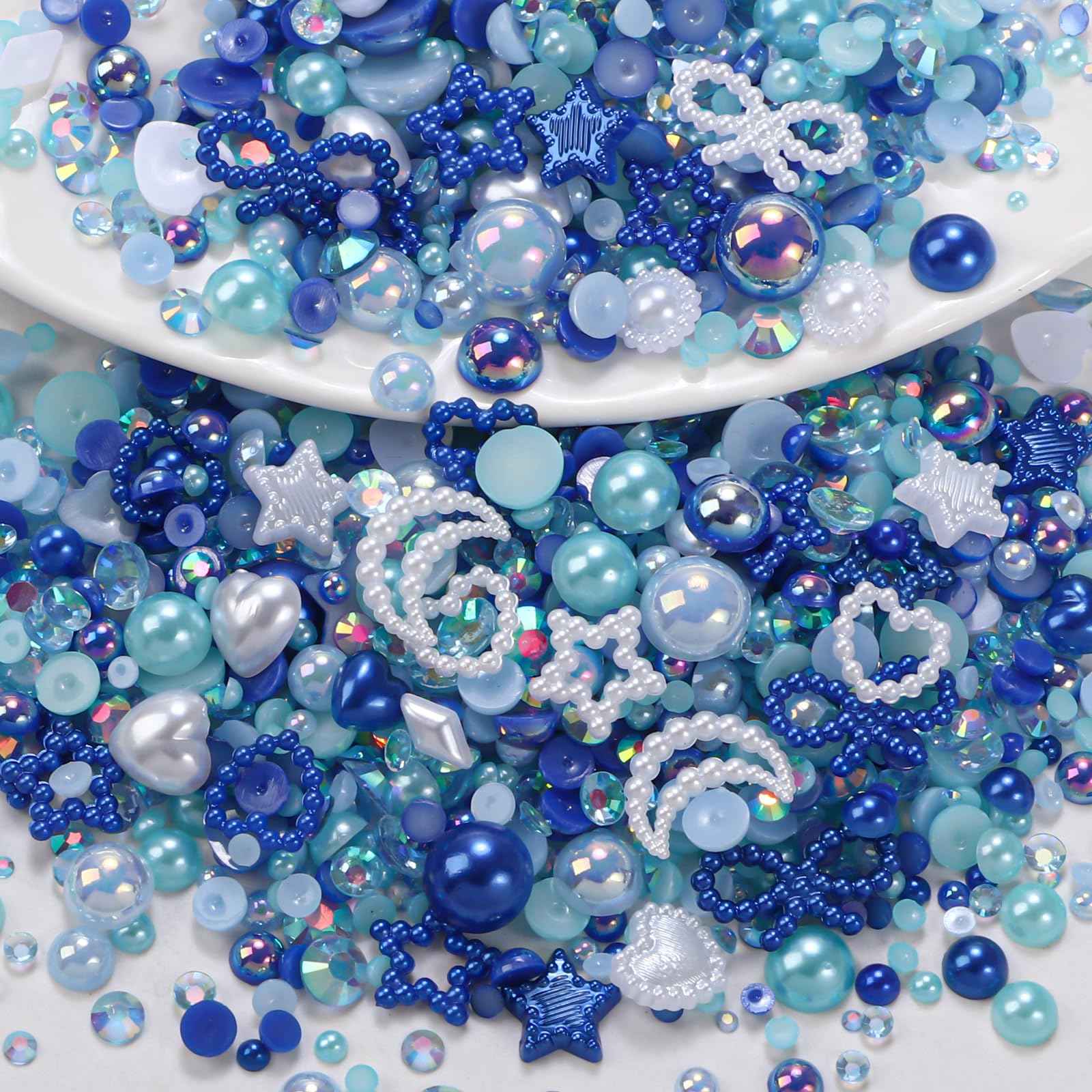 50g Blue Color Flatback Rhinestones Pearls for Bedazzling, 3-8mm Flatback Rhinestone Gems, 2-10mm Pearls Beads, Moon Star Heart Bowknots Pearl Nail Charms for Crafts DIY Clothes Tumblers