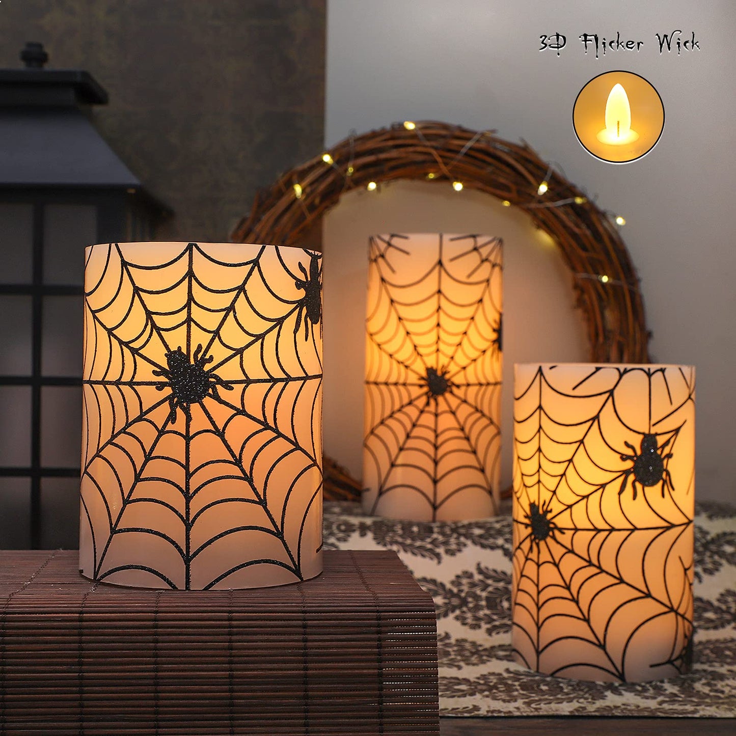 REVELBUNNY Halloween Flameless Candles, Spider Web Decal LED Flickering Candles with Remote Timer, Battery Operated Real Wax Pillar Candle for Halloween Home Party Spooky Decoration, Set of 3