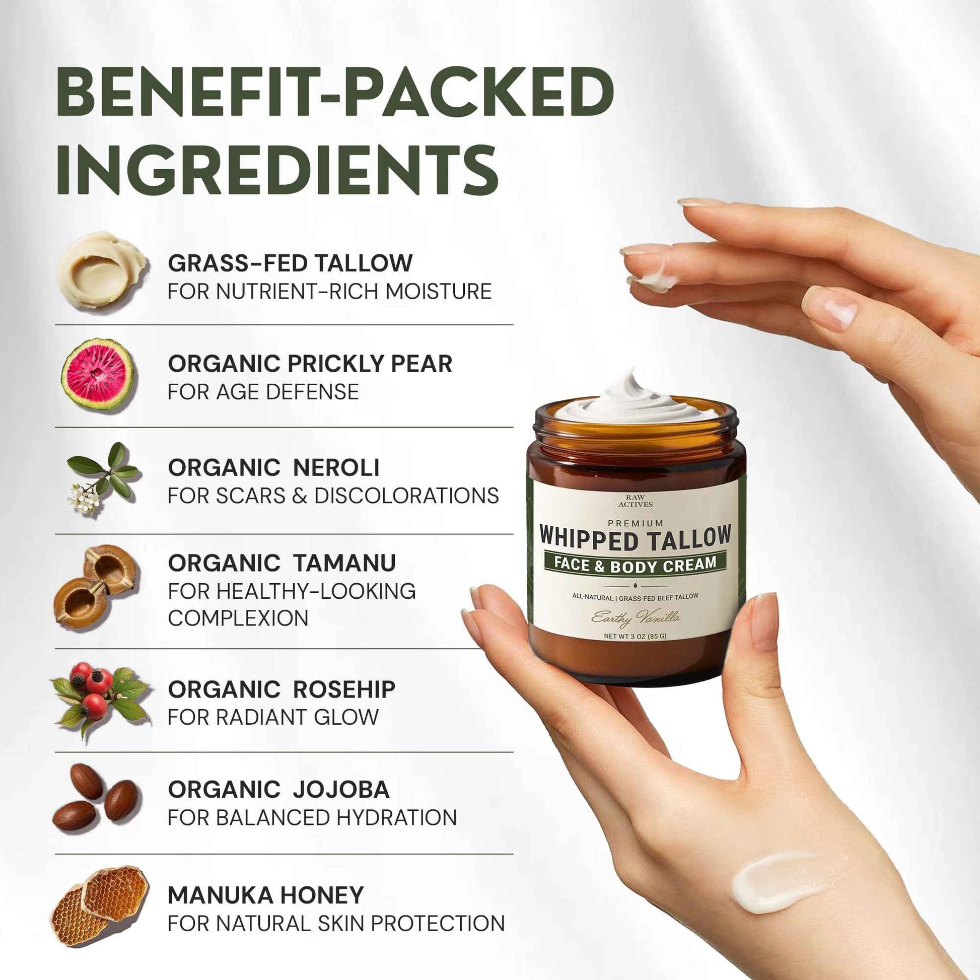 RAW ACTIVES Beef Tallow for Skin Care - 100% Grass Fed Grass Finished - with Organic Jojoba, Prickly Pear, Rosehip, Tamanu Oils, Neroli, Vanilla & Manuka Honey - 3oz