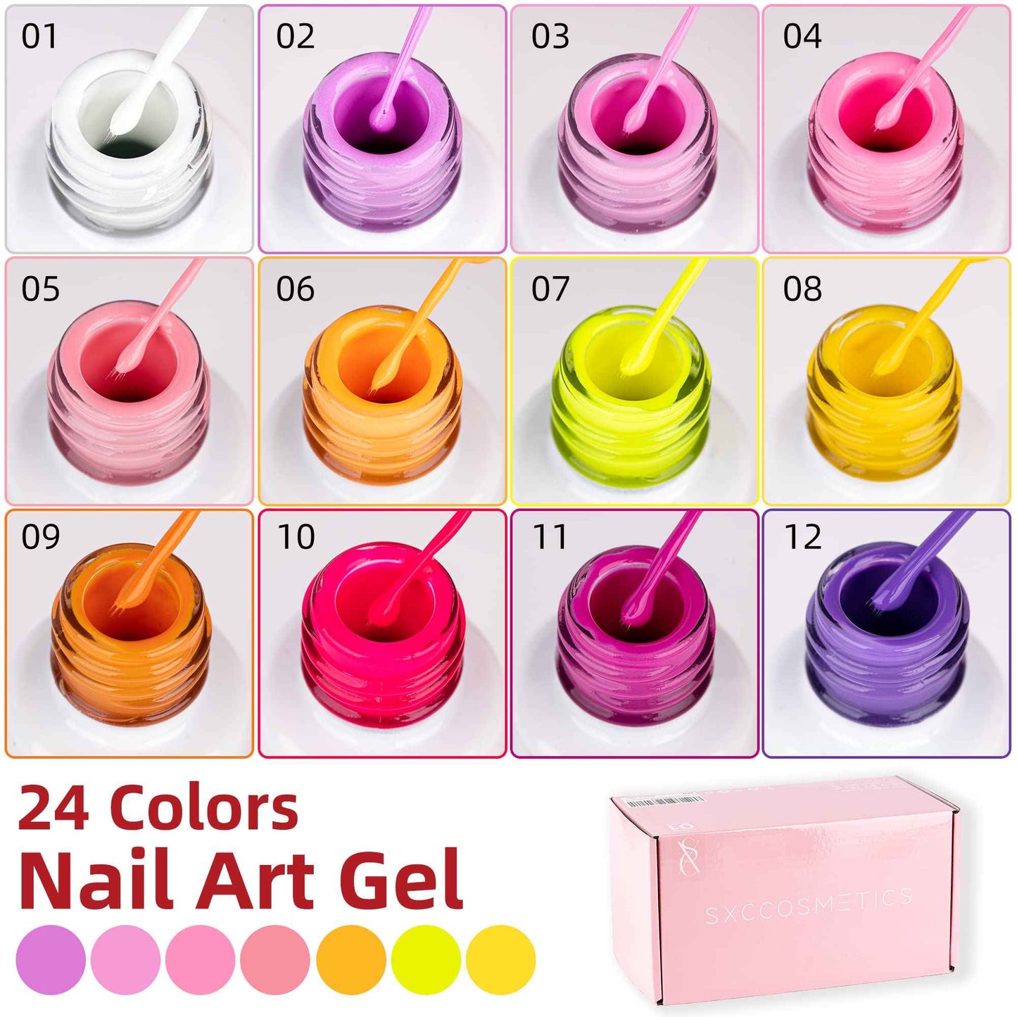 SXC Cosmetics 24-Color Gel Liner Set for Nail Art - With Built-in Thin Brush for Swirl Nail Designs and Soak-Off Gel Polish