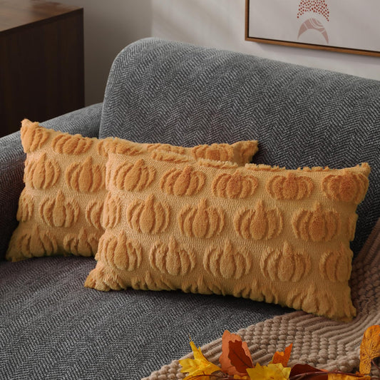 DFXSZ Fall Pillow Covers 12x20 Set of 2 Fall Decorations Light Orange Pumpkin Throw Pillow Cases Soft Plush Faux Fur Wool Couch Cushion Case for Chair Sofa Bedroom Living Room Home Decor PTK02D12