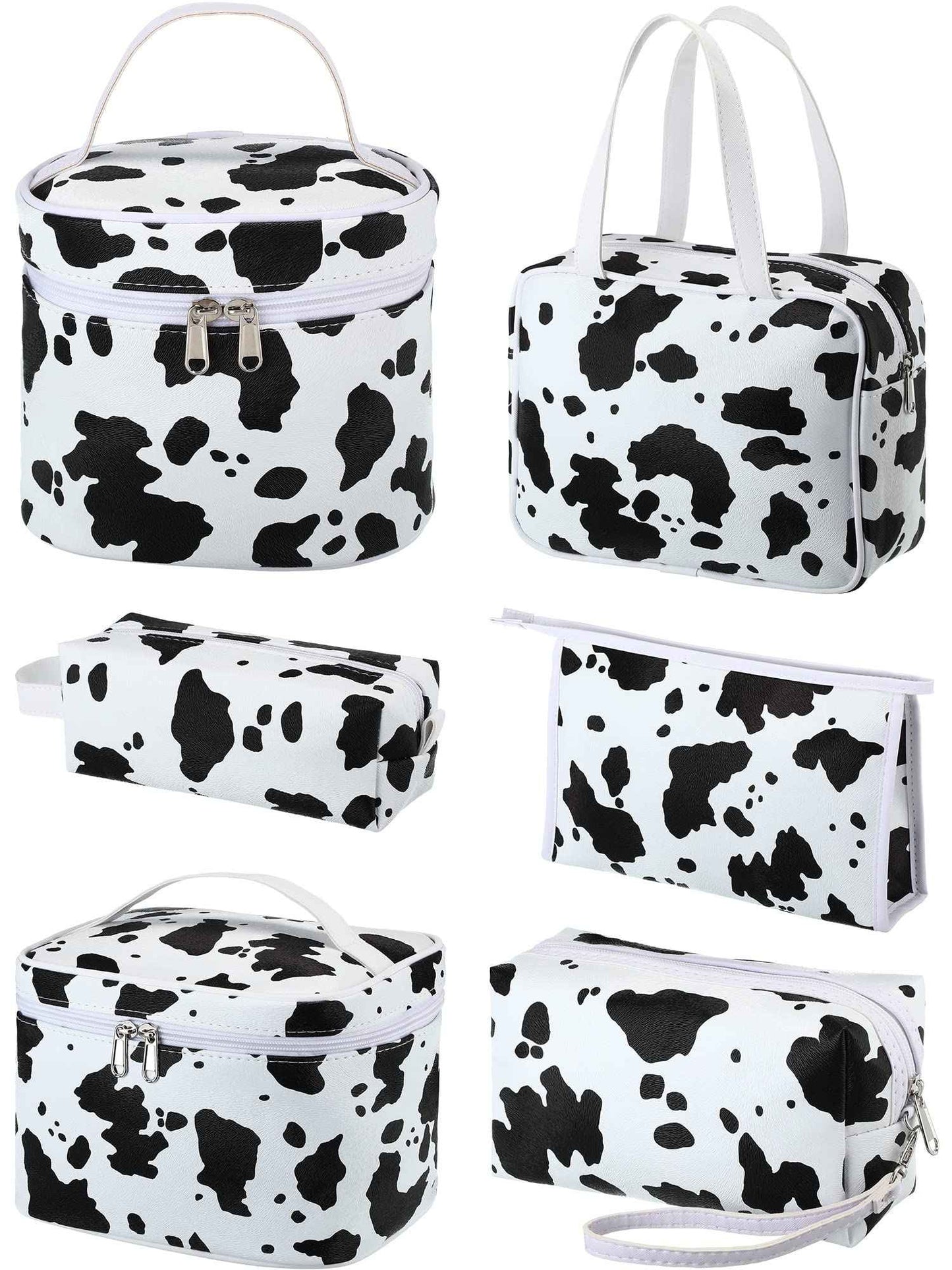 6 Pieces Makeup Bag Set Travel Cosmetic Bag Cow Print Toiletry Pouch Gifts for Women Organizer with zipper Portable Cute Make up Case PU Leather Washable Waterproof