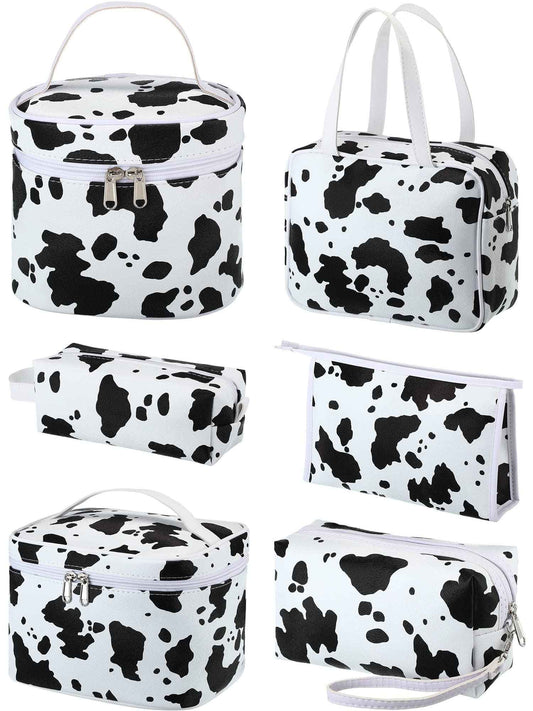6 Pieces Makeup Bag Set Travel Cosmetic Bag Cow Print Toiletry Pouch Gifts for Women Organizer with zipper Portable Cute Make up Case PU Leather Washable Waterproof
