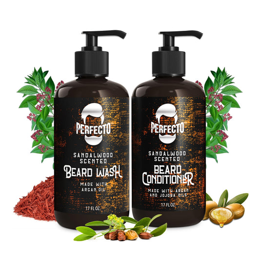 Perfecto Beard Wash & Beard Conditioner Set with Argan and Jojoba Oils - Strengthens and Softens - Natural Sandalwood Scent