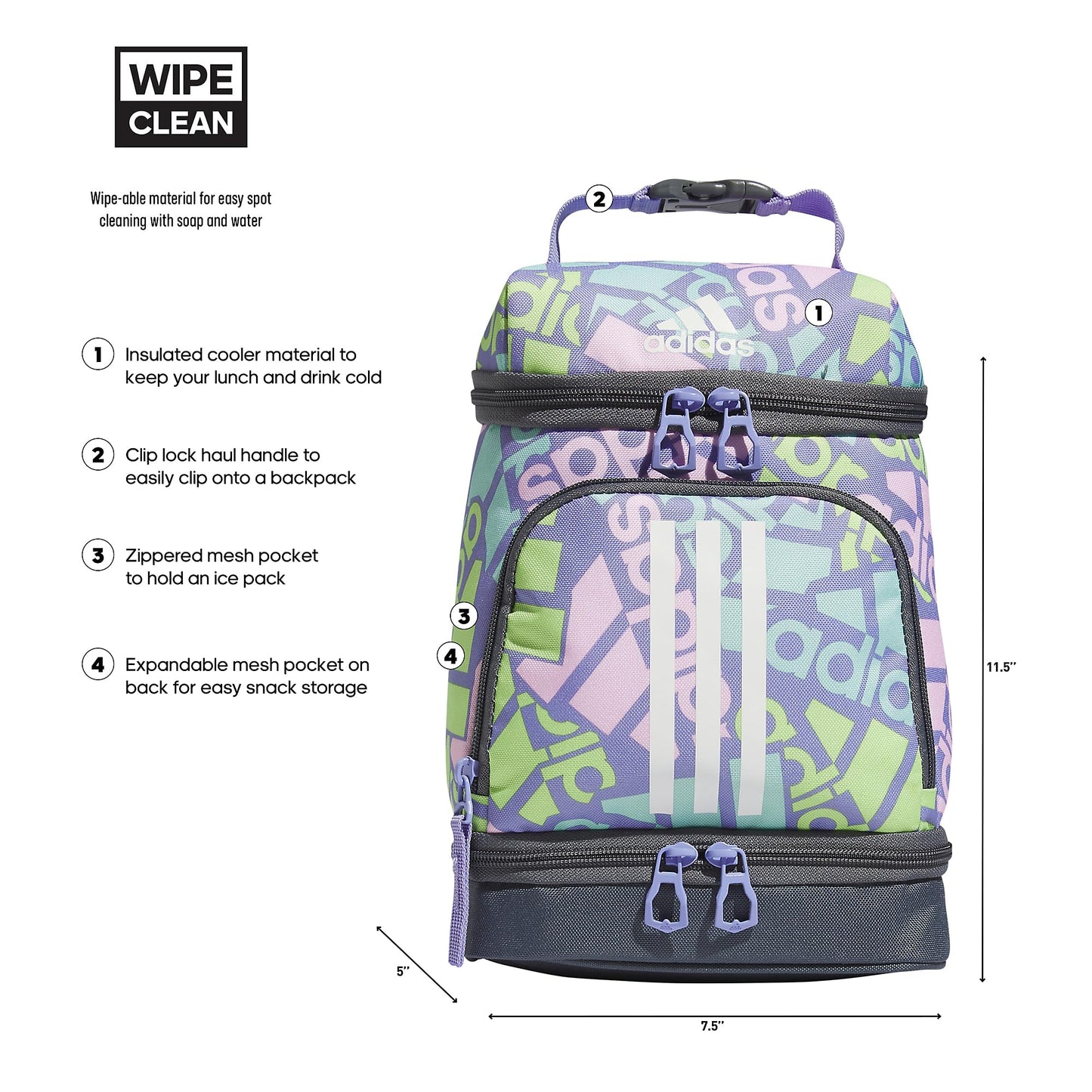 adidas Excel 2 Insulated Lunch Bag, Adi Multi Collage Light Purple/Onix Grey, One Size